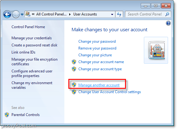 kliknite upravljanje drugega računa s strani uporabniškega računa Windows 7