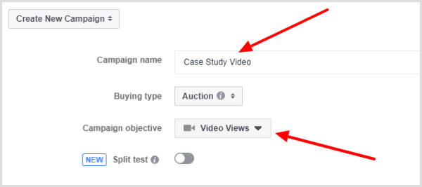 Izberite cilj Video Views za svojo oglaševalsko akcijo na Facebooku.