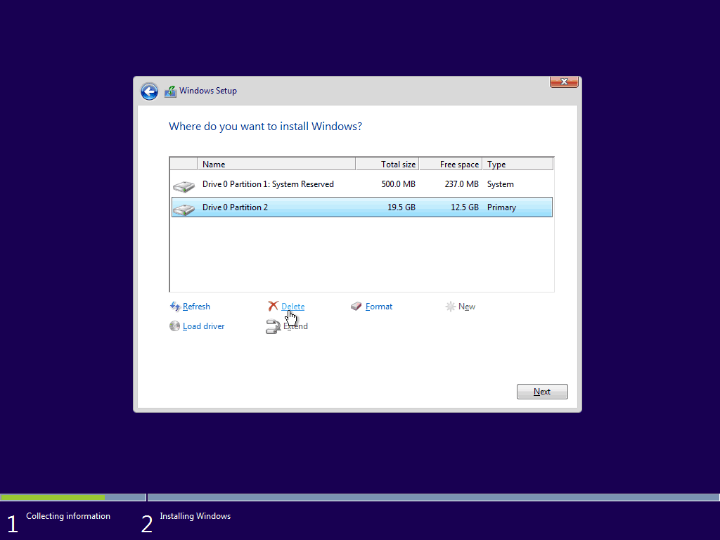 05 Izbrišite obstoječo primarno particijo Windows 10 Clean Install