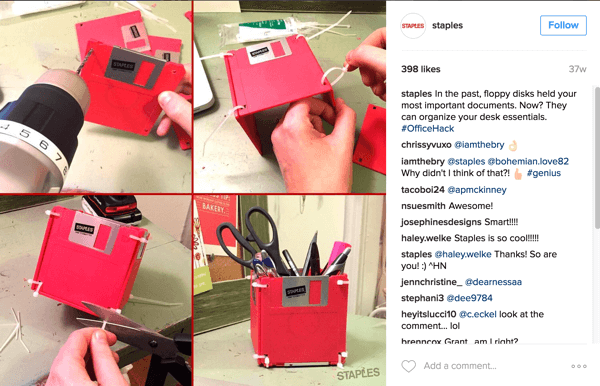 Ta fotografski kolaž Instagram, ki ga je pripravil Staples, prikazuje pameten način predelave disket v dodatke za mizo.