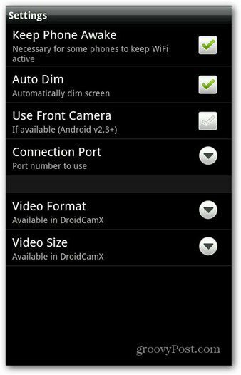 Nastavitve aplikacije DroidCam za Android