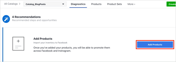 Kliknite gumb Dodaj izdelke, če želite izdelke dodati v svoj Facebook katalog.