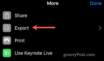 Začnite postopek izvoza iz Keynote v PowerPoint v iOS