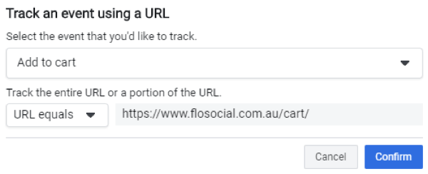 Z orodjem za nastavitev dogodka Facebook, korak 5, nastavitve sledite dogodku z uporabo URL-ja