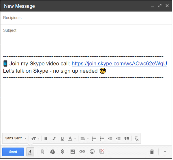 Kliknite ikono Skype na dnu e-pošte, da dodate povezavo za klic.