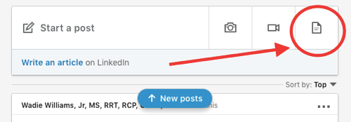 Objava v skupni rabi dokumentov LinkedIn, naložite dokument v 1. korak, dodajte novo ikono dokumenta