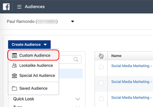 Možnost občinstva po meri v Facebook občinstvu