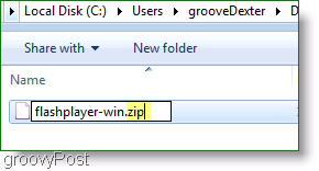 Posnetek zaslona: Okno 7 datotek Flashplayer ZIP