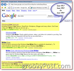 Slika rezultatov iskanja Google za Windows Live Writer
