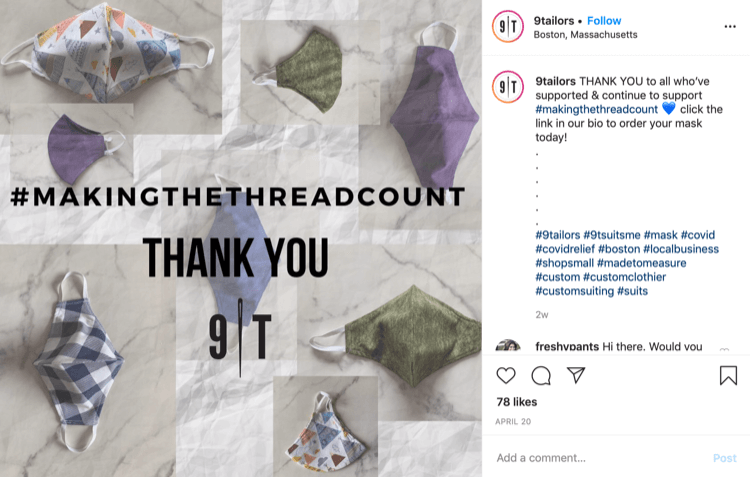 9Tailor Instagram post o prodaji mask