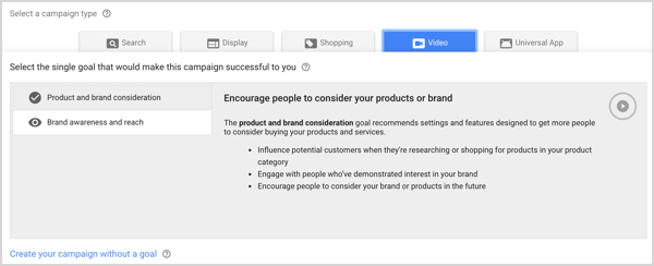 Oglaševanje blagovne znamke in vrsta oglaševalske akcije v programu Google AdWords.