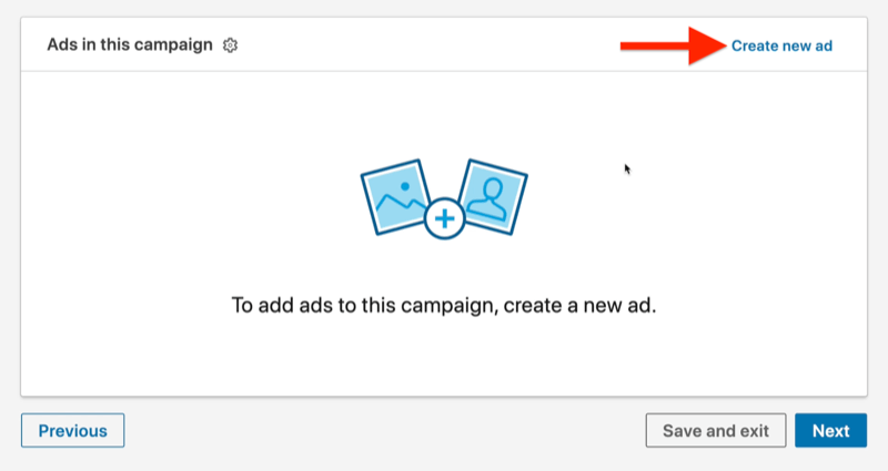 primer ravni oglaševalske akcije v oglaševalski akciji z označeno možnostjo ustvarjanja novega oglasa