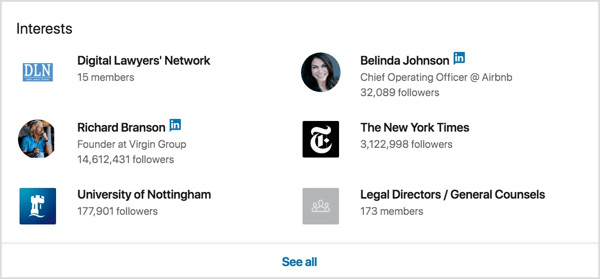 Obiščite LinkedIn profile svojih sanjskih strank in si oglejte njihova zanimanja na dnu strani.