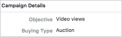 Izberite cilj Video Views za svojo Facebook kampanjo.