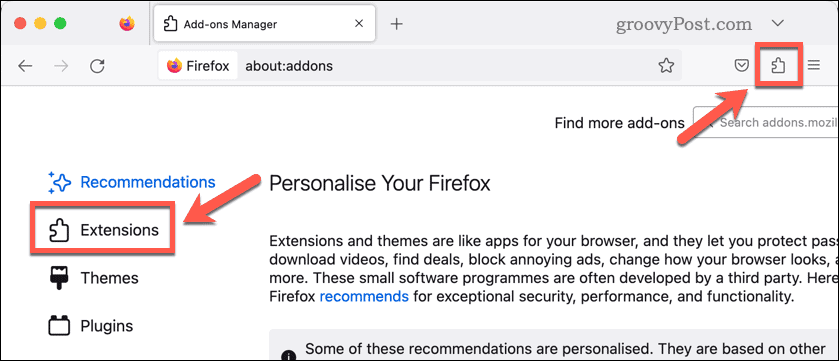Odprite razširitve Firefox
