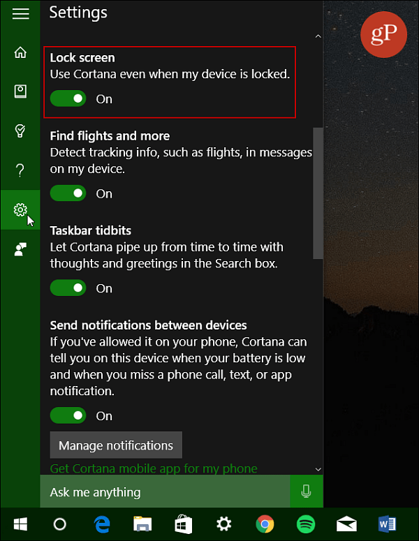 Vklopite zaklenjen zaslon Cortana Windows 10