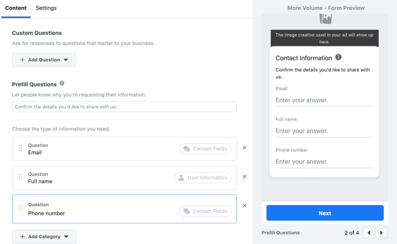 v obrazec za ustvarjanje potencialnih strank Facebook dodajte vprašanja po meri