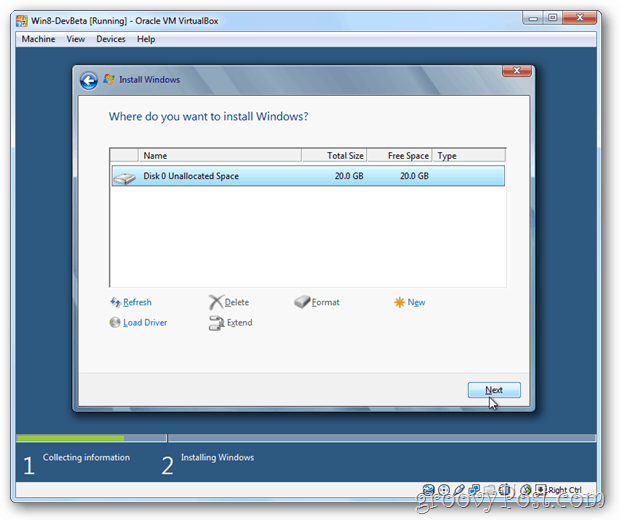 VirtualBox Windows 8 izbere disk za namestitev