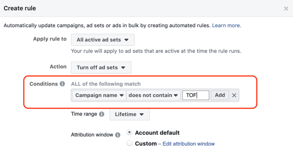 Uporabite avtomatizirana pravila Facebooka, ustavite nastavitev oglasov, ko ROAS pade pod minimum, korak 2, nastavite pogoje