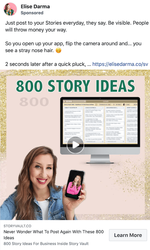 primer posnetka zaslona sponzorirane objave Elise Darma, ki promovira 800 idej za zgodbe