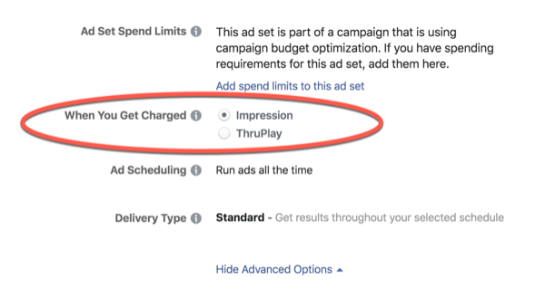 Stroški optimizacije za Facebook ThruPlay.