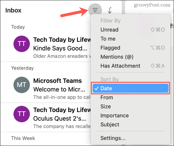 Razvrsti po datumu v Outlooku na Macu