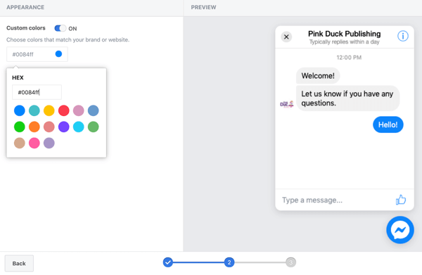 Uporabite Google Tag Manager s Facebookom, korak 11, možnosti za nastavitev barv po meri za vtičnik za klepet na Facebooku