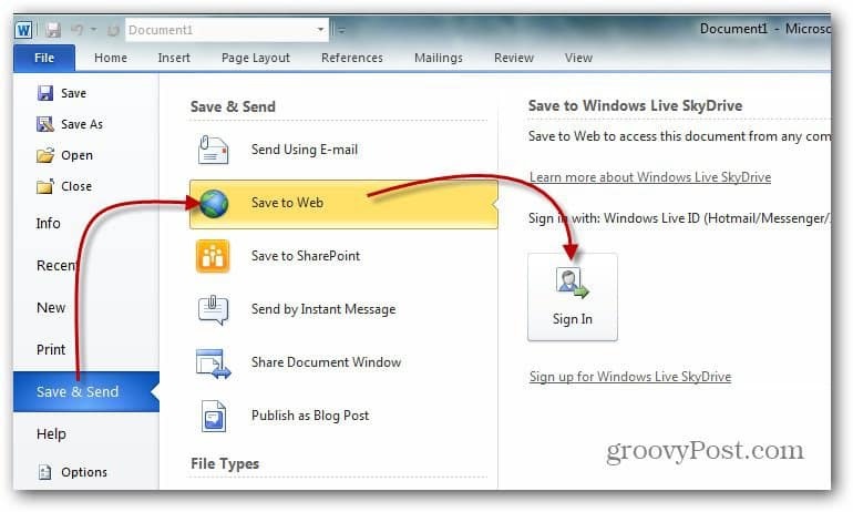 Kako spletno vožnjo preslikati v Windows Live Skydrive s programom Office 2010
