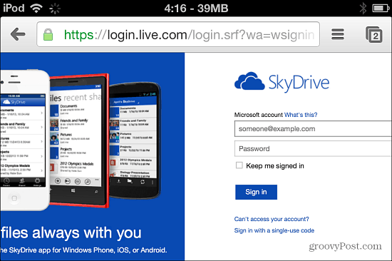 Prijavite se v SkyDrive