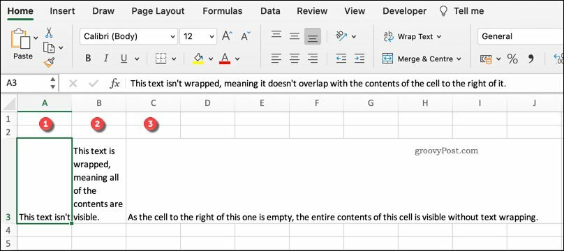 Primer različnih oblik zavijanja besedila v Excelu