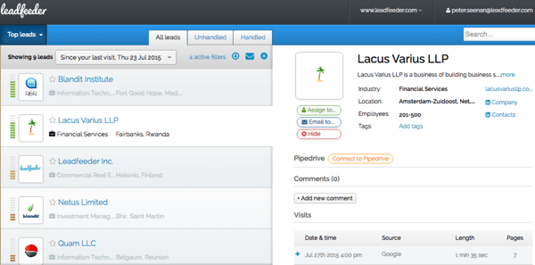 Leader uporablja podatke Google Analytics za prikaz podrobnosti o obiskovalcih vašega spletnega mesta.