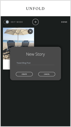 Dotaknite se ikone +, da ustvarite novo zgodbo z možnostjo Razvij.
