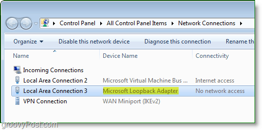 Posnetek zaslona za omrežje Windows 7 - Microsoftov adapter Loopback, viden v oknu omrežnih povezav