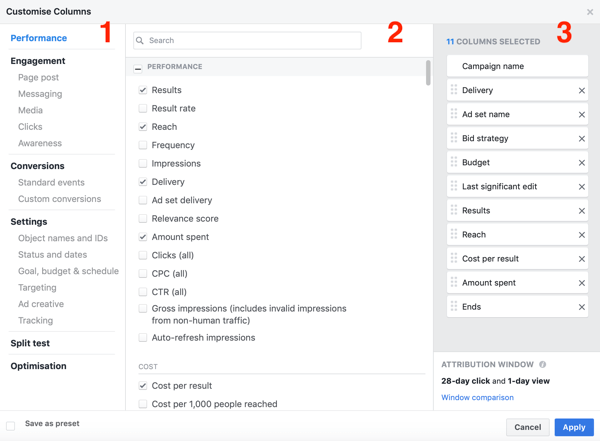 Primer okna za ustvarjanje poročil Facebook Ads Manager.