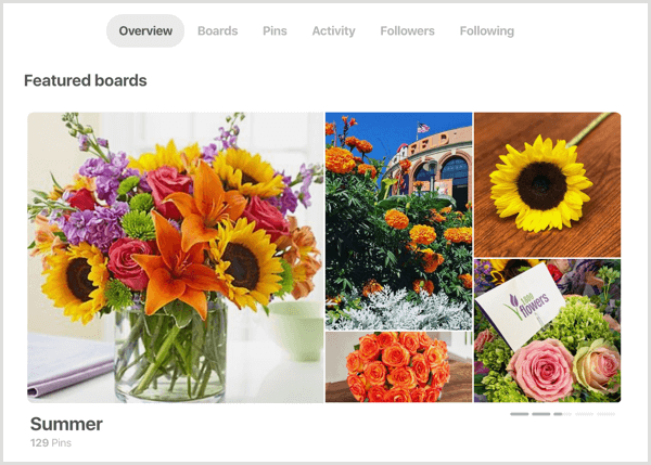primer razdelka Predstavljene plošče za Pinterest profil