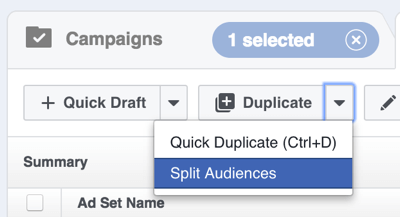V Facebook Power Editorju kliknite puščico na desni strani Duplicate in izberite Split Audiences.