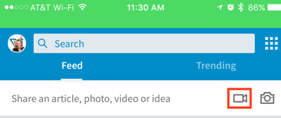 Kliknite ikono video kamere, da ustvarite posodobitev videoposnetka LinkedIn.