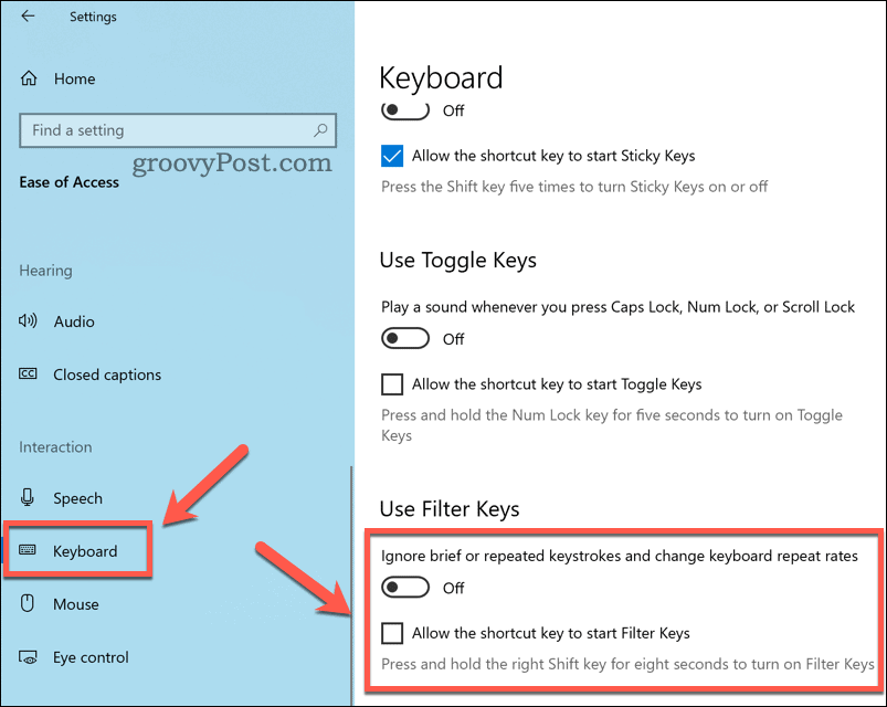 Konfiguriranje nastavitev filtrirnih ključev v sistemu Windows 10