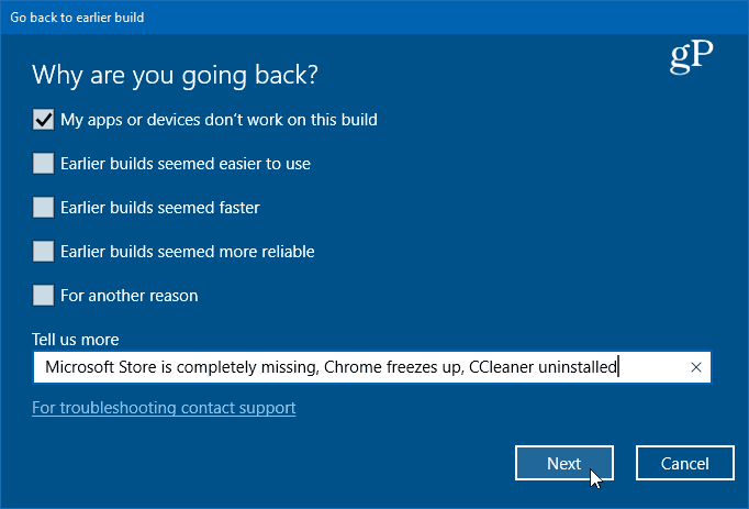 vrnite se na prejšnjo različico sistema Windows 10
