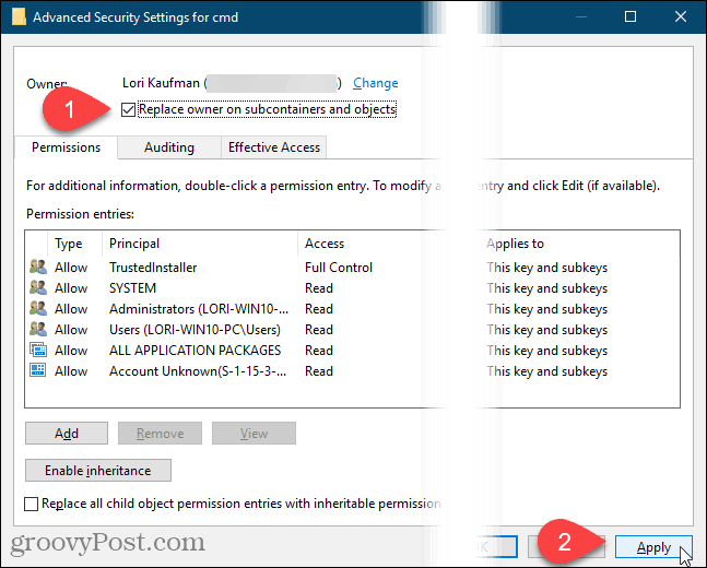 Kliknite Uporabi v pogovornem oknu Napredne varnostne nastavitve v registru sistema Windows