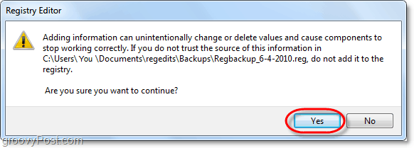 potrdite obnovitev registra Windows 7 in Vista