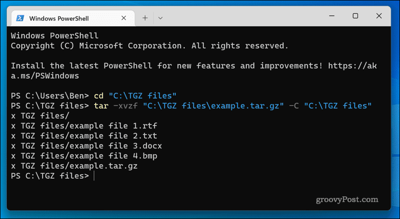 Ekstrahiranje datotek TGZ v sistemu Windows 11 s pomočjo terminalske aplikacije
