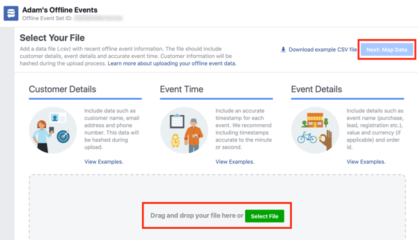 Možnost povlečenja in spuščanja podatkovne datoteke v Facebook Ads Manager.