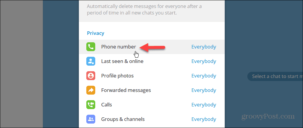 Nastavitev zasebnosti telefonske številke v namizni aplikaciji Telegram