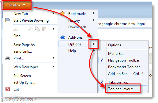 možnosti menija za Firefox> postavitev orodne vrstice