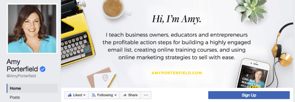 Amy Porterfield ima poslovno stran, ki vsebuje profesionalno fotografijo profila in naslovno stran, ki poudarja izdelke in storitve, ki jih ponuja njeno podjetje.
