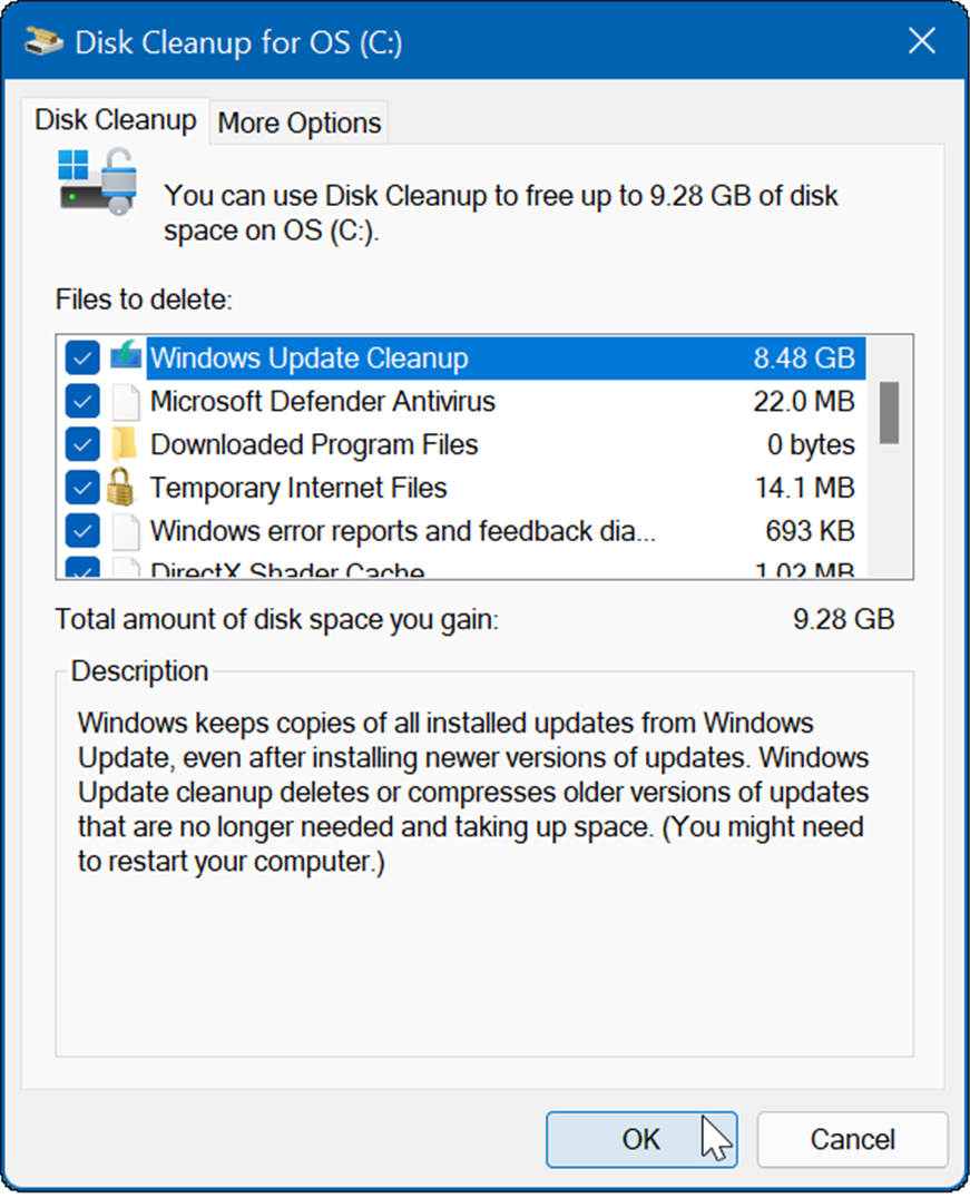 rezultat bo več začasnih datotek, vključno s čiščenjem Windows Update