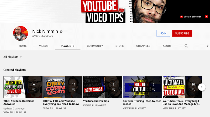 posnetek zaslona glavne strani kanala nick nimmin youtube na zavihku seznama predvajanja, ki prikazuje več ustvarjenih seznamov predvajanja