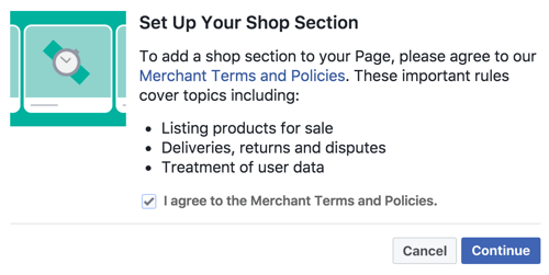 Za nastavitev oddelka Facebook Shop se strinjajte s pogoji in politikami trgovcev.