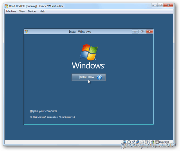 VirtualBox Windows 8 namestite zdaj polje